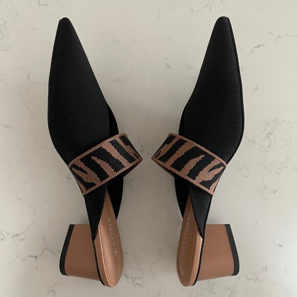 Vivaia Pointed-Toe Heeled Mules 3D Knit Upper Solid Black w Animal Print Sz 40 - Picture 7 of 10